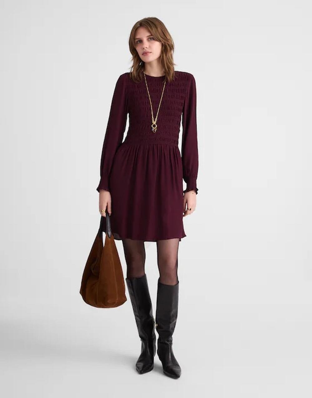 Madewell Long-Sleeve Smocked Mini Dress Dark Pomegranate Crepe Large NWT